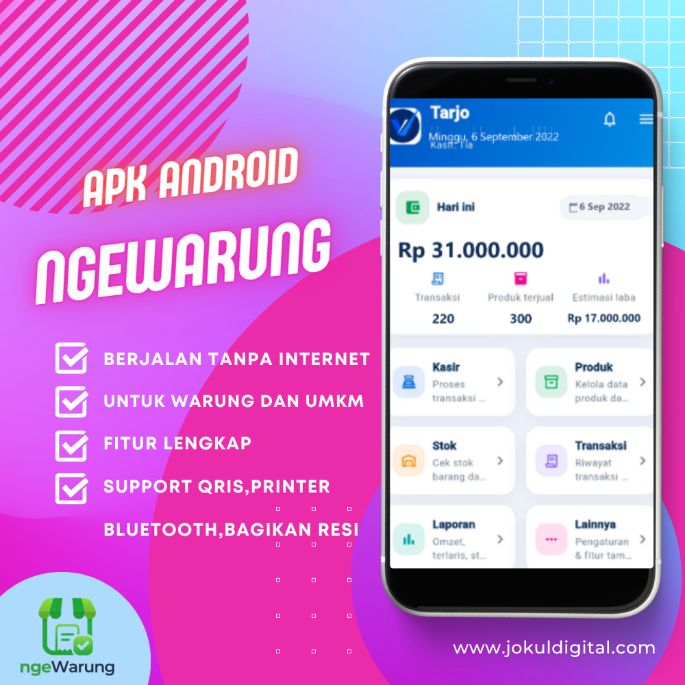 Aplikasi kasir HP Android ngeWarung seumur hidup (offline warung UMKM) — produk digital JokulDigital